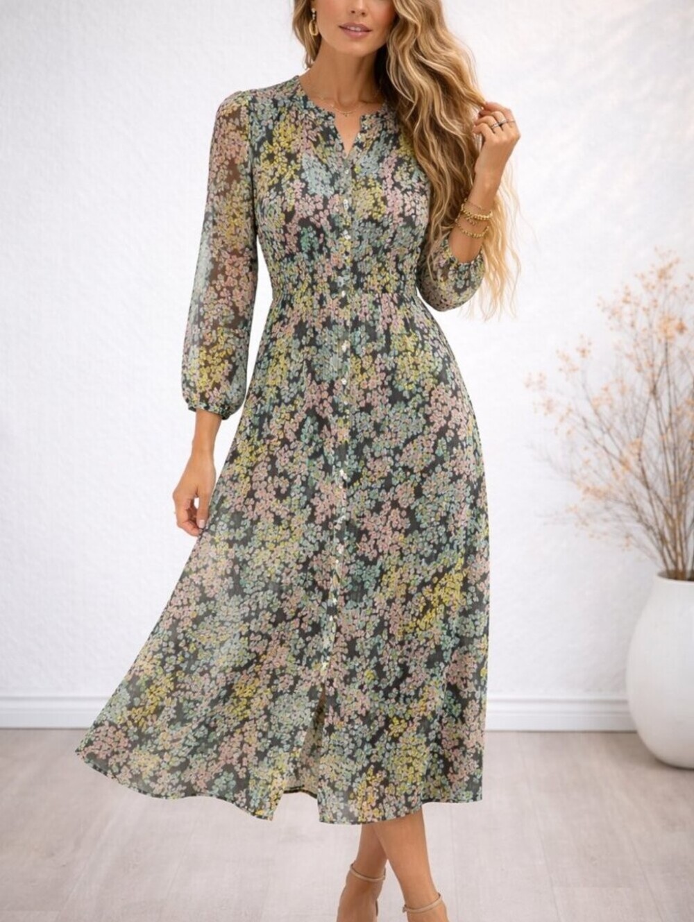 LOFT Black Long Sleeve Midi Dress with Pastel Floral Print